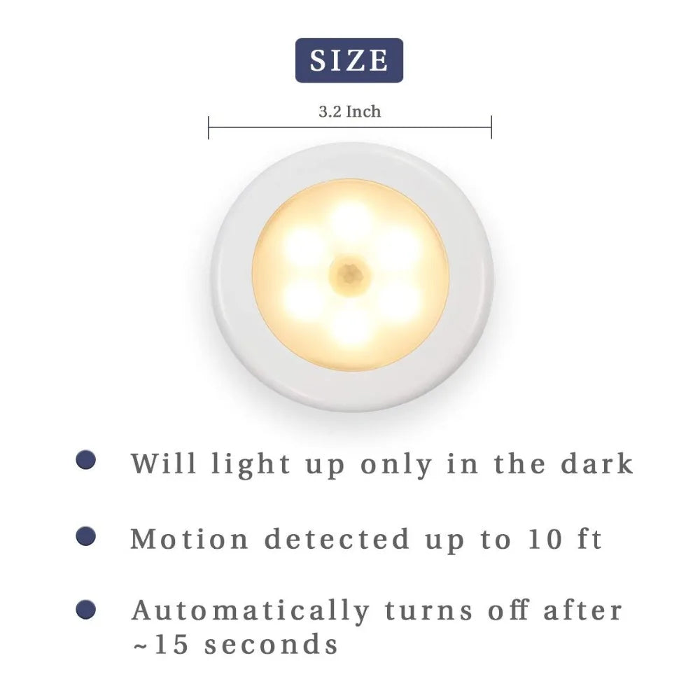 PIR Infrared Motion Sensor Night Light, 6LED Bulb, Auto On/Off, Battery Powered for Wardrobe, Wall Lamp, Closet, and Staircase