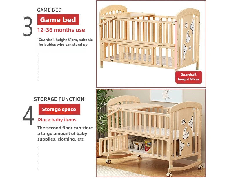 Cuna Mecedora de Madera Maciza | Multifuncional con Ruedas y Mosquitera