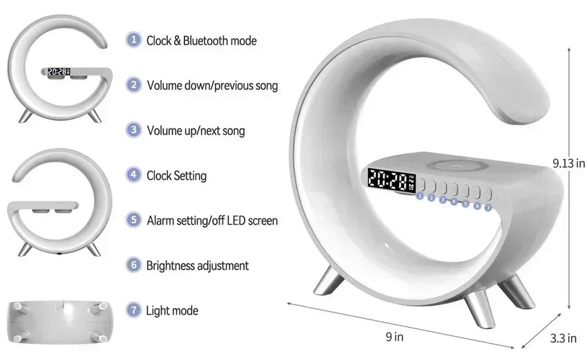 LED Smart Wake Up Light RGB Night Light with Bluetooth Speaker 15W Fast Wireless Charger Desk Lamp for Bedroom Bedside Game Room