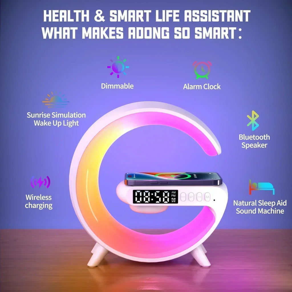 LED Smart Wake Up Light RGB Night Light with Bluetooth Speaker 15W Fast Wireless Charger Desk Lamp for Bedroom Bedside Game Room