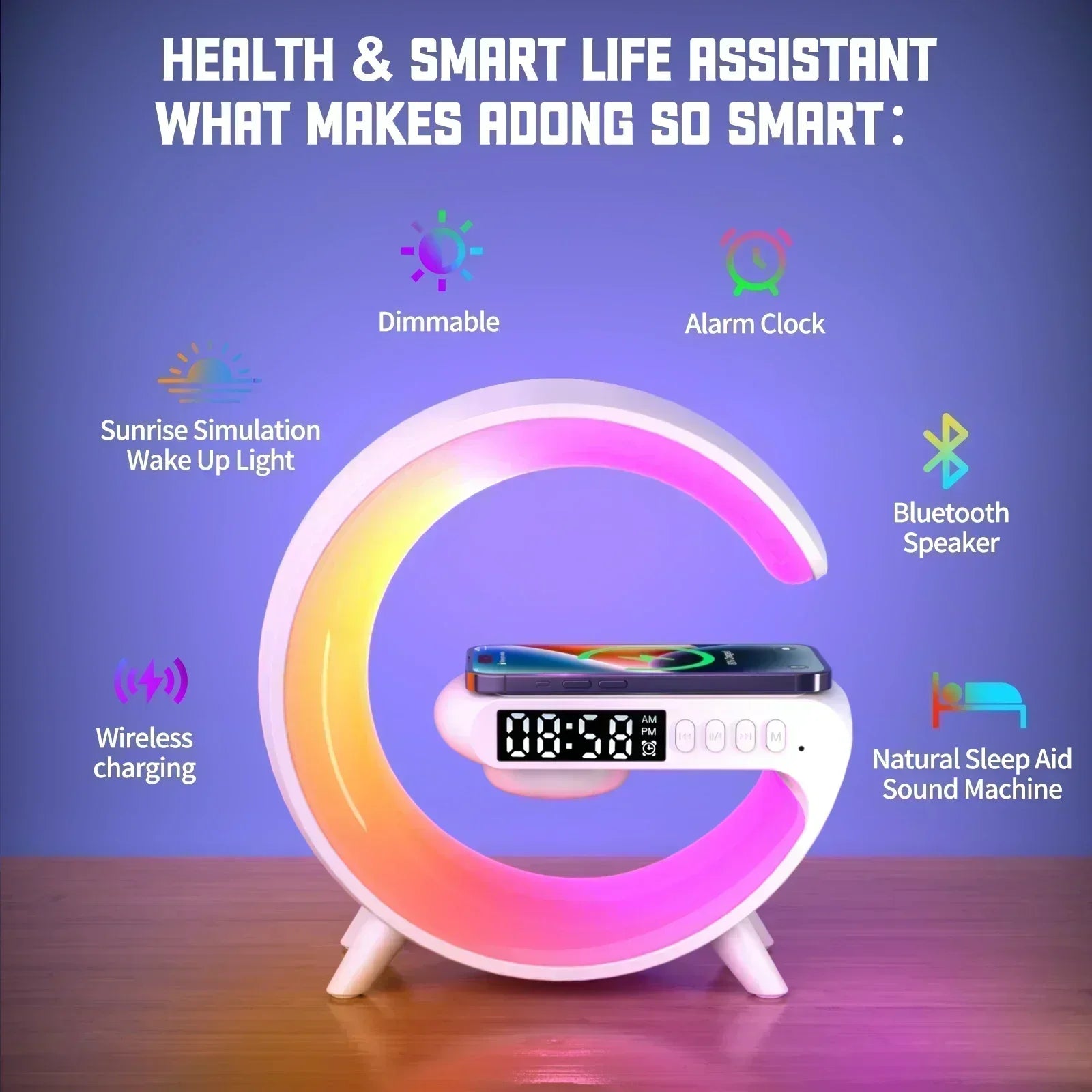 LED Smart Wake Up Light RGB Night Light with Bluetooth Speaker 15W Fast Wireless Charger Desk Lamp for Bedroom Bedside Game Room