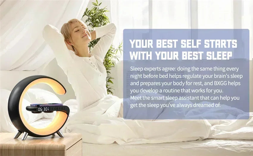 LED Smart Wake Up Light RGB Night Light with Bluetooth Speaker 15W Fast Wireless Charger Desk Lamp for Bedroom Bedside Game Room