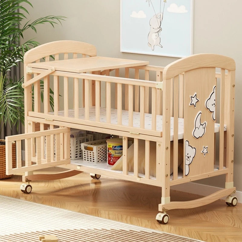 Solid Wood Rocking Bassinet | Multifunctional with Wheels and Mosquito Net
