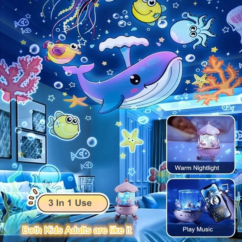 Projector Night Light with Speaker for Kids Room Decor, 12 Films, Kawaii Ocean Projection Nightlights for Baby Bedroom Gifts