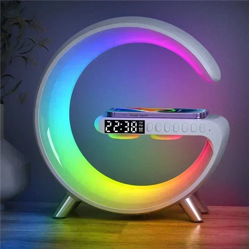 LED Smart Wake Up Light RGB Night Light with Bluetooth Speaker 15W Fast Wireless Charger Desk Lamp for Bedroom Bedside Game Room