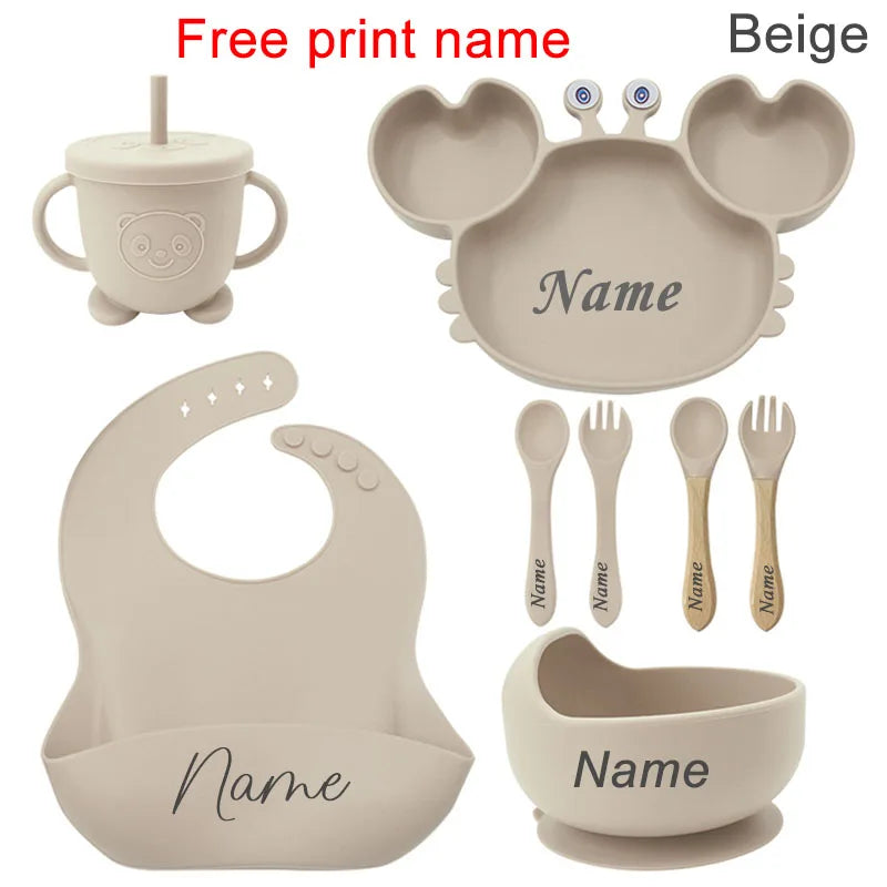Vajilla Bebé 8 Piezas | Plato Cangrejo, Tazón, Taza con Pajita y Cubiertos | Sin BPA