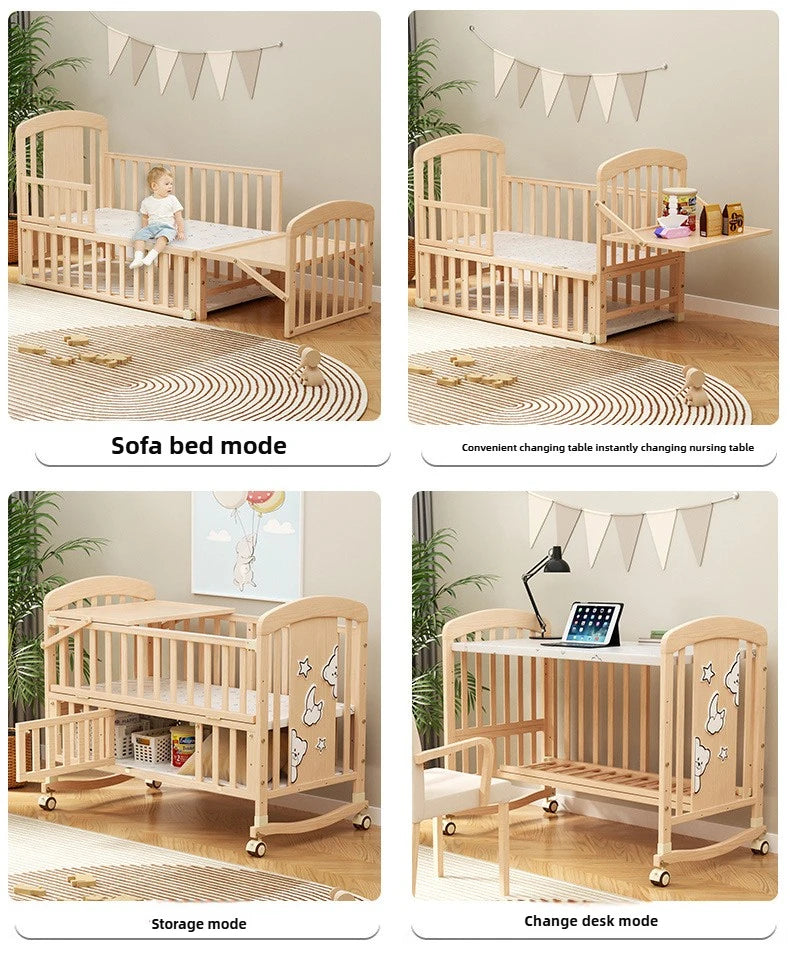 Cuna Mecedora de Madera Maciza | Multifuncional con Ruedas y Mosquitera