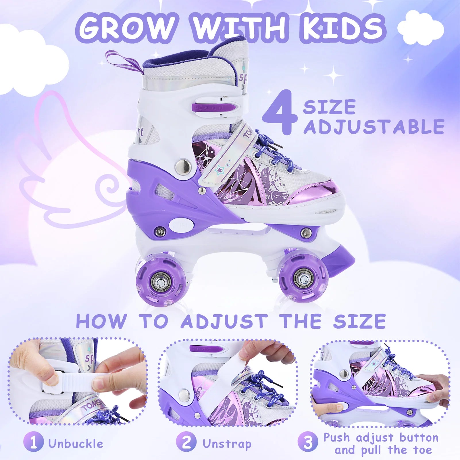 Patines Parpadeantes 4 Ruedas para Niños | Talla Ajustable | Ruedas con Luz LED
