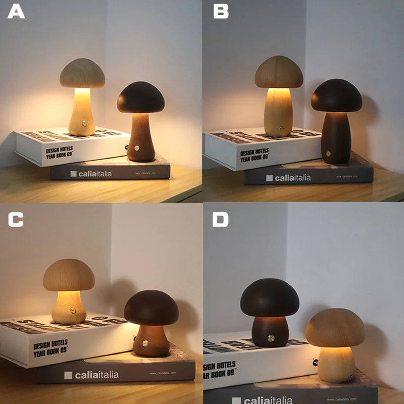 INS LED Night Light With Touch Switch Wooden Cute Mushroom Bedside Table Lamp For Bedroom Children's Room Sleeping Night Lamps
