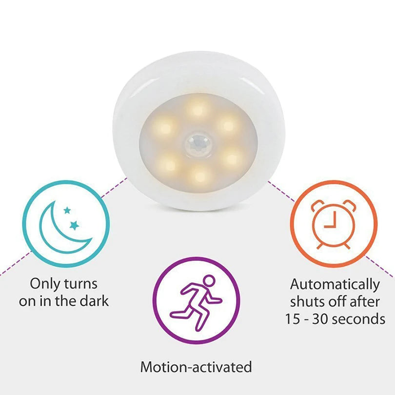 PIR Infrared Motion Sensor Night Light, 6LED Bulb, Auto On/Off, Battery Powered for Wardrobe, Wall Lamp, Closet, and Staircase