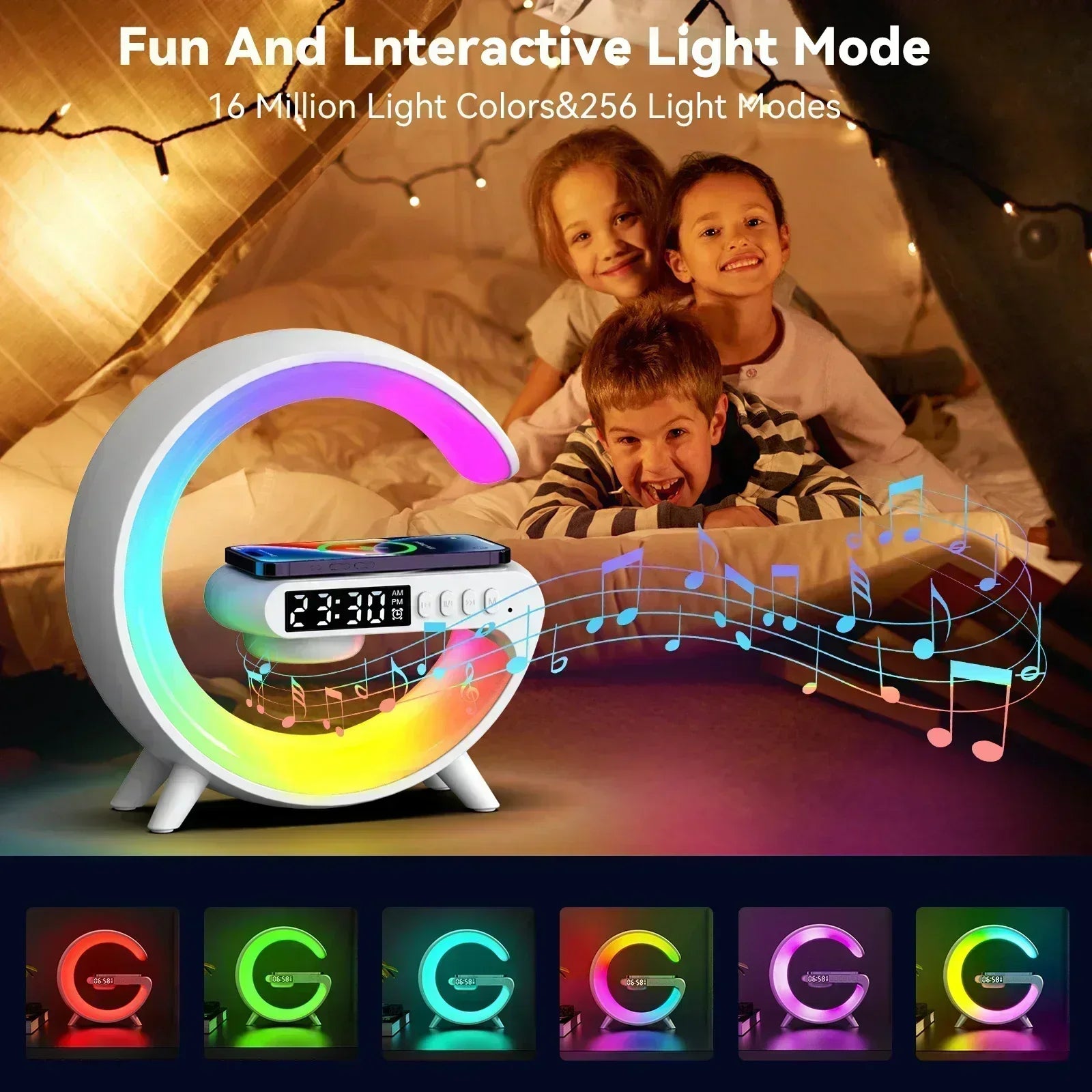 LED Smart Wake Up Light RGB Night Light with Bluetooth Speaker 15W Fast Wireless Charger Desk Lamp for Bedroom Bedside Game Room
