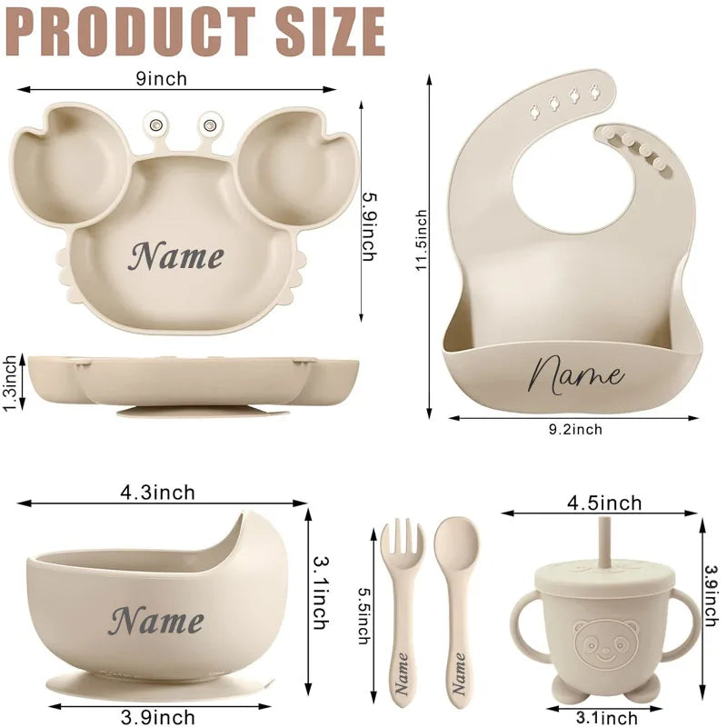 Vajilla Bebé 8 Piezas | Plato Cangrejo, Tazón, Taza con Pajita y Cubiertos | Sin BPA