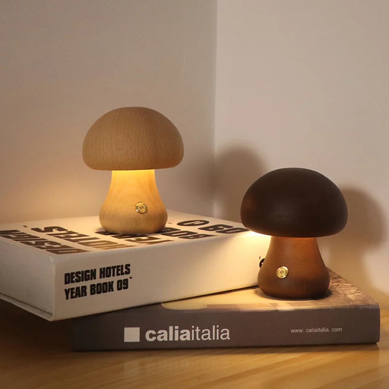 INS LED Night Light With Touch Switch Wooden Cute Mushroom Bedside Table Lamp For Bedroom Children's Room Sleeping Night Lamps