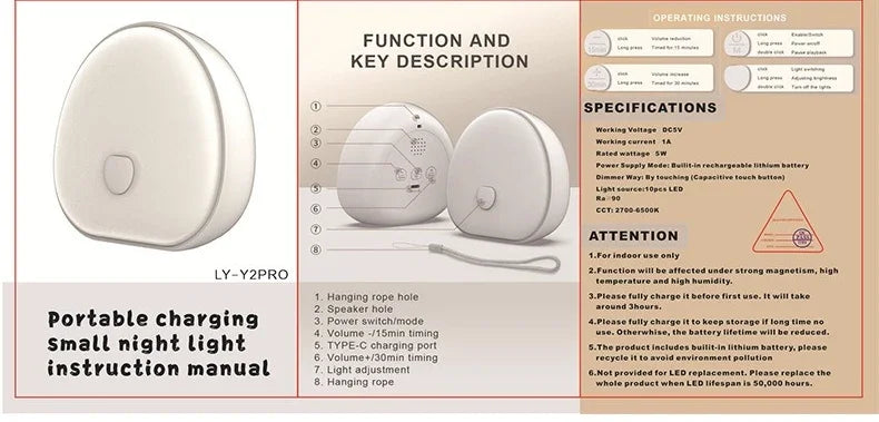 Sleep White Noise Machine with Soothing Sound Touchable Rechargeable LED Night Light Relaxing Audio & Sleep Lamp for Baby.