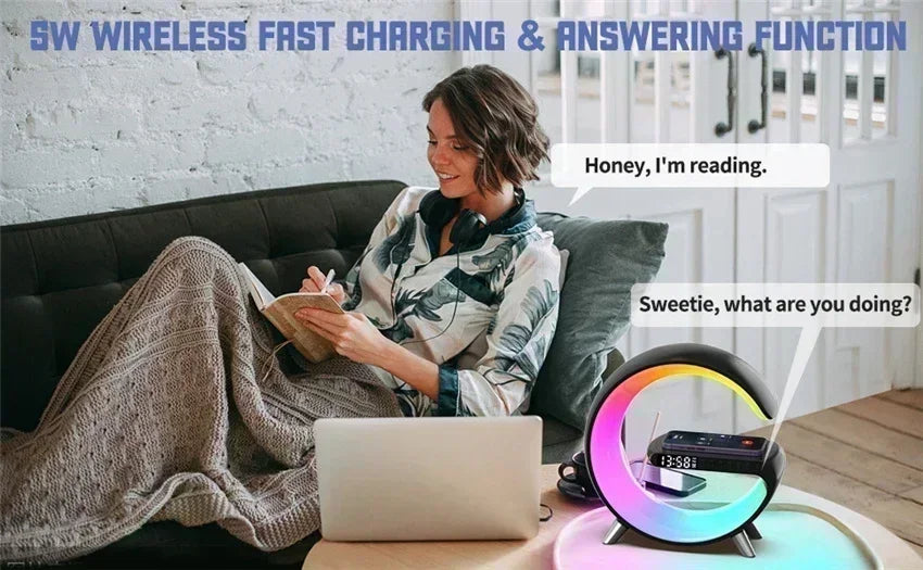 LED Smart Wake Up Light RGB Night Light with Bluetooth Speaker 15W Fast Wireless Charger Desk Lamp for Bedroom Bedside Game Room