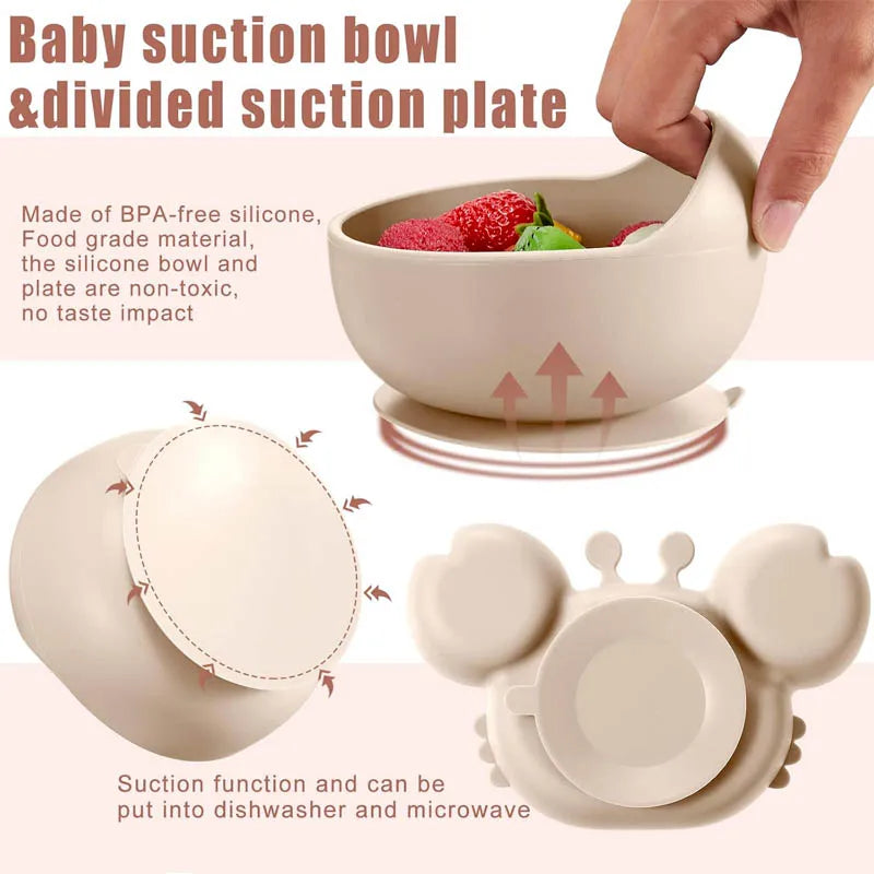 Vajilla Bebé 8 Piezas | Plato Cangrejo, Tazón, Taza con Pajita y Cubiertos | Sin BPA