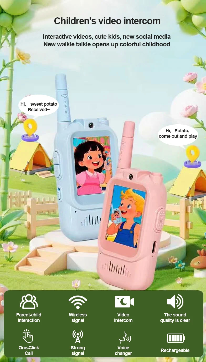 Kids Video Walkie Talkies 2 Pack, Rechargeable Intercom Walkie-talkie with Cute 2-Inch Screen, One-Click Call, Child Video Intercom