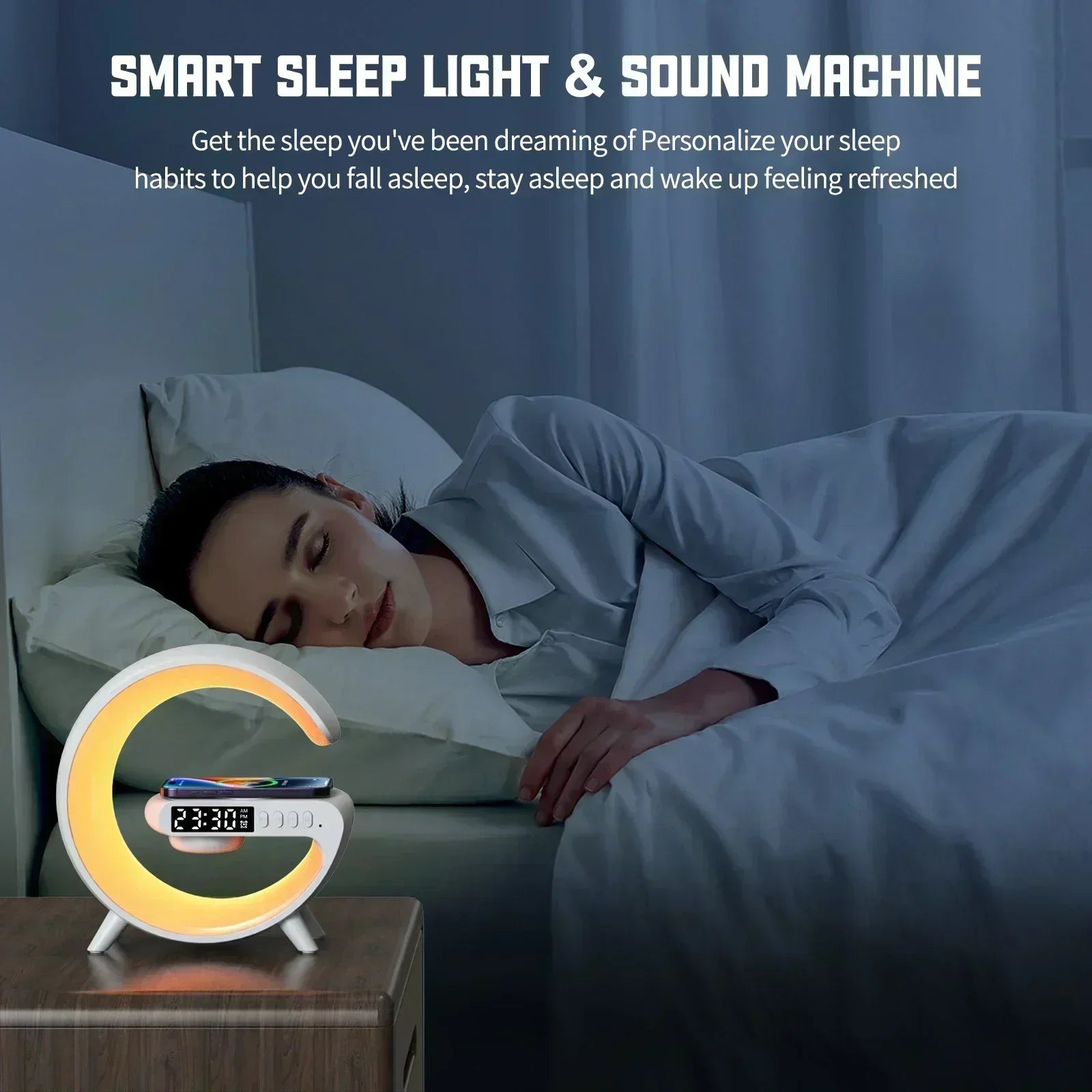 LED Smart Wake Up Light RGB Night Light with Bluetooth Speaker 15W Fast Wireless Charger Desk Lamp for Bedroom Bedside Game Room