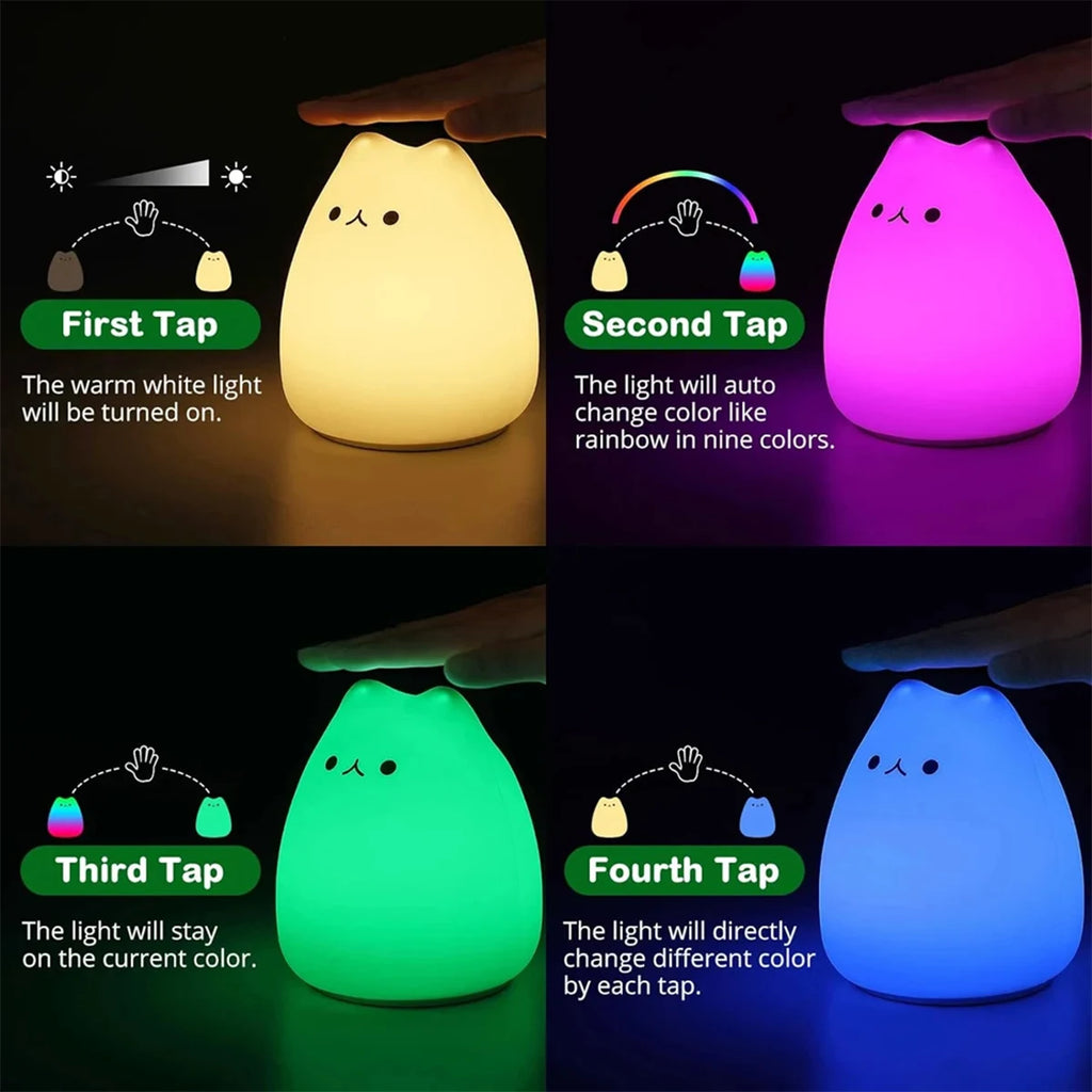7 Colors LED Night Light Indoor Sensor Lamp Silicone Baby Sleeping Cat Touch Soft Cute Cartoon Lights For Children Kids Room