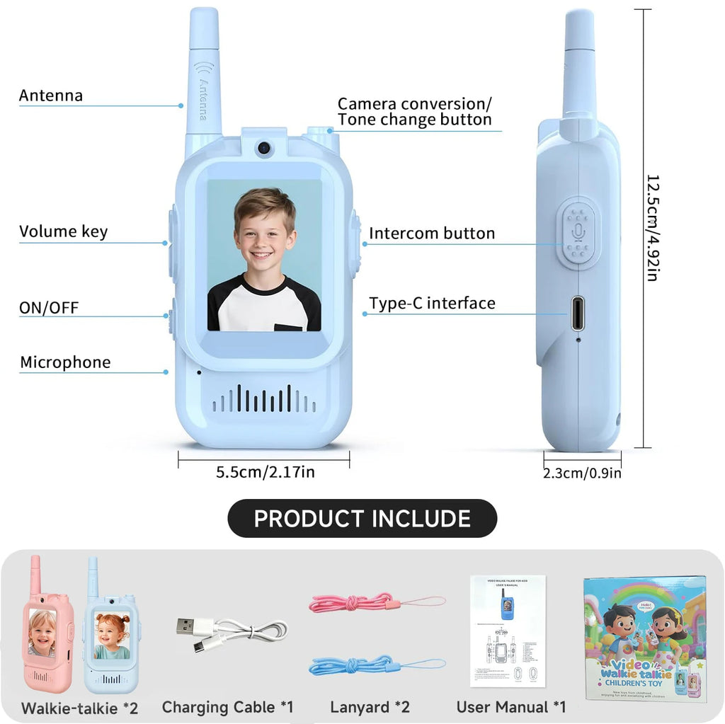 Kids Video Walkie Talkies 2 Pack, Rechargeable Intercom Walkie-talkie with Cute 2-Inch Screen, One-Click Call, Child Video Intercom