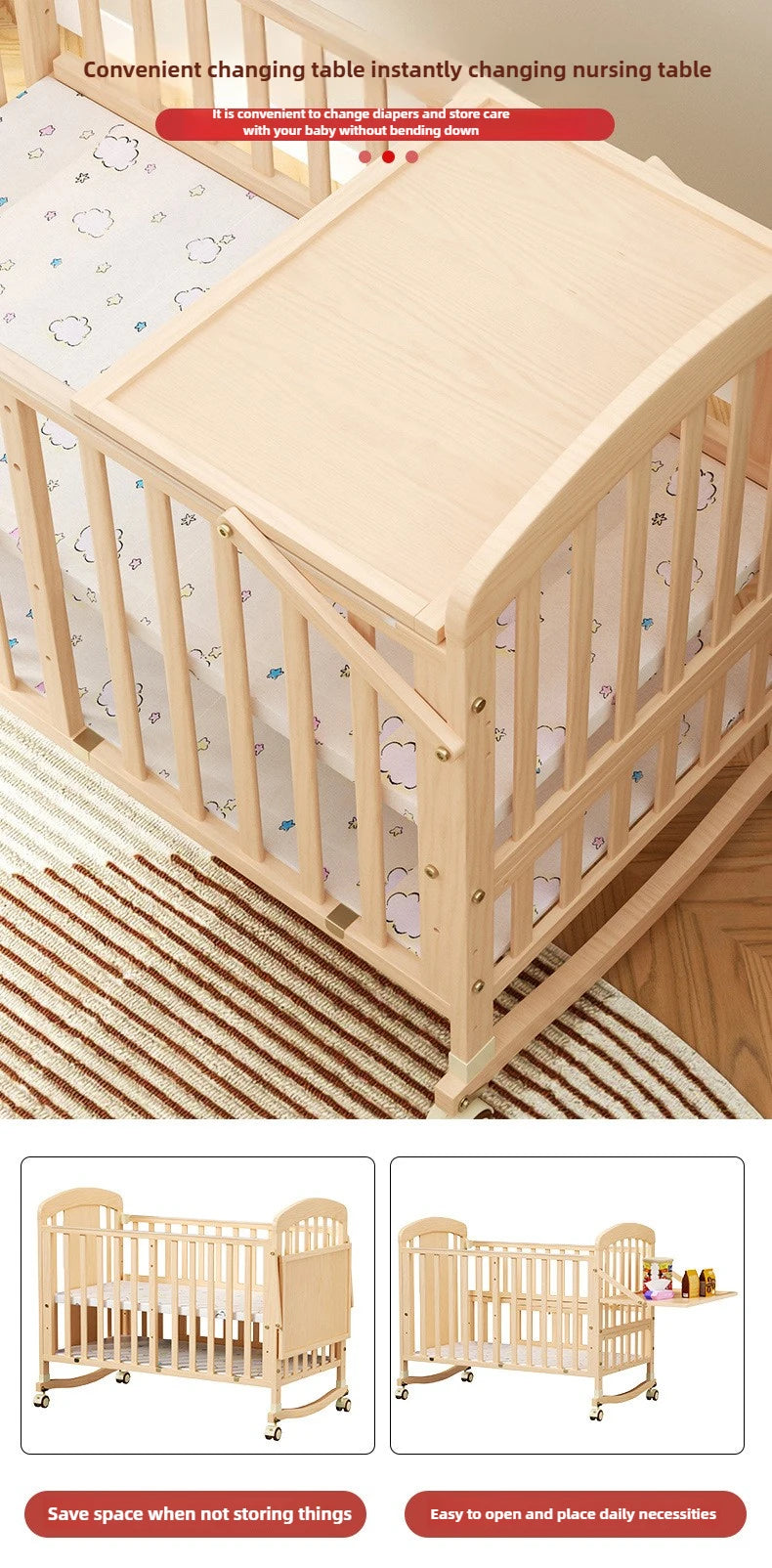 Cuna Mecedora de Madera Maciza | Multifuncional con Ruedas y Mosquitera