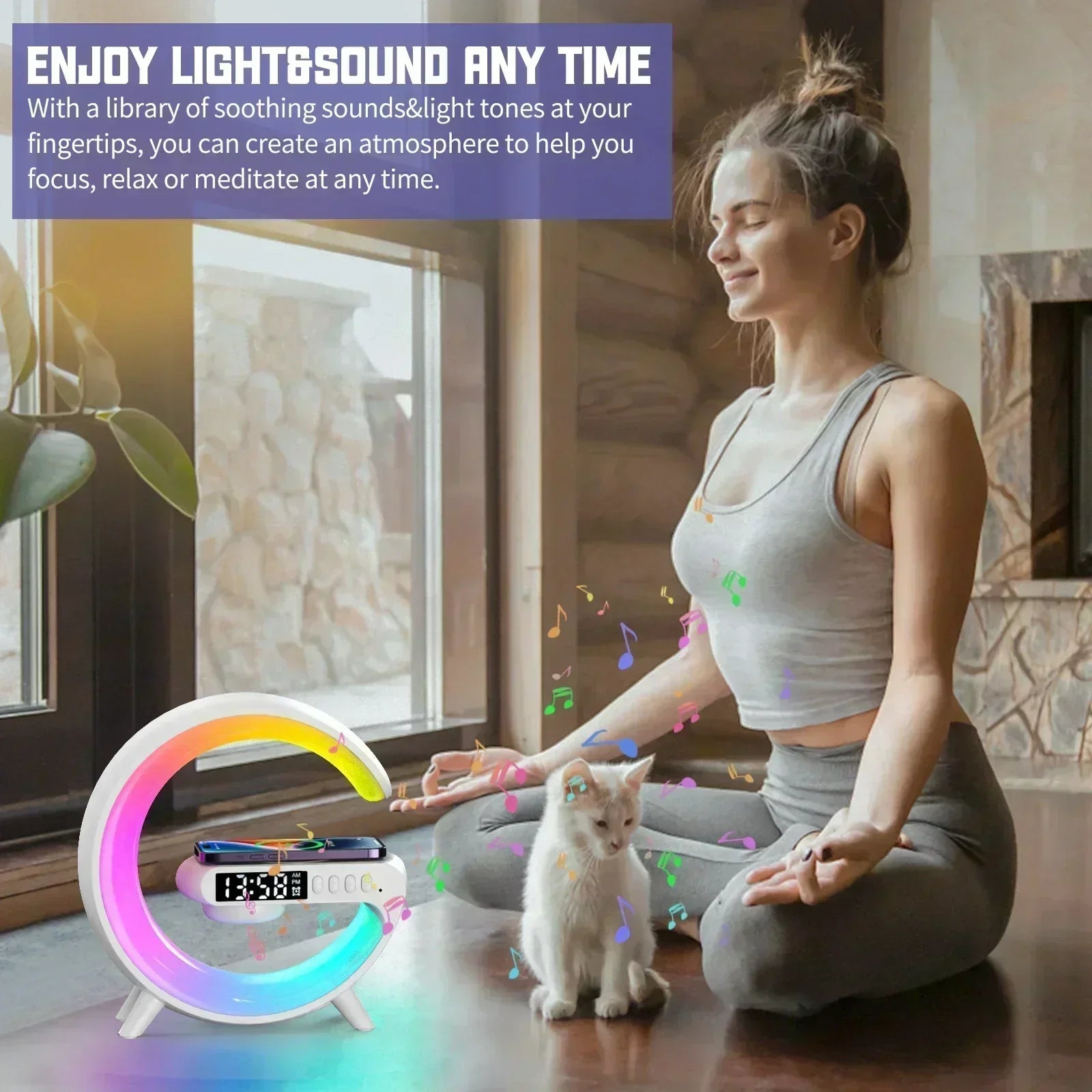 LED Smart Wake Up Light RGB Night Light with Bluetooth Speaker 15W Fast Wireless Charger Desk Lamp for Bedroom Bedside Game Room