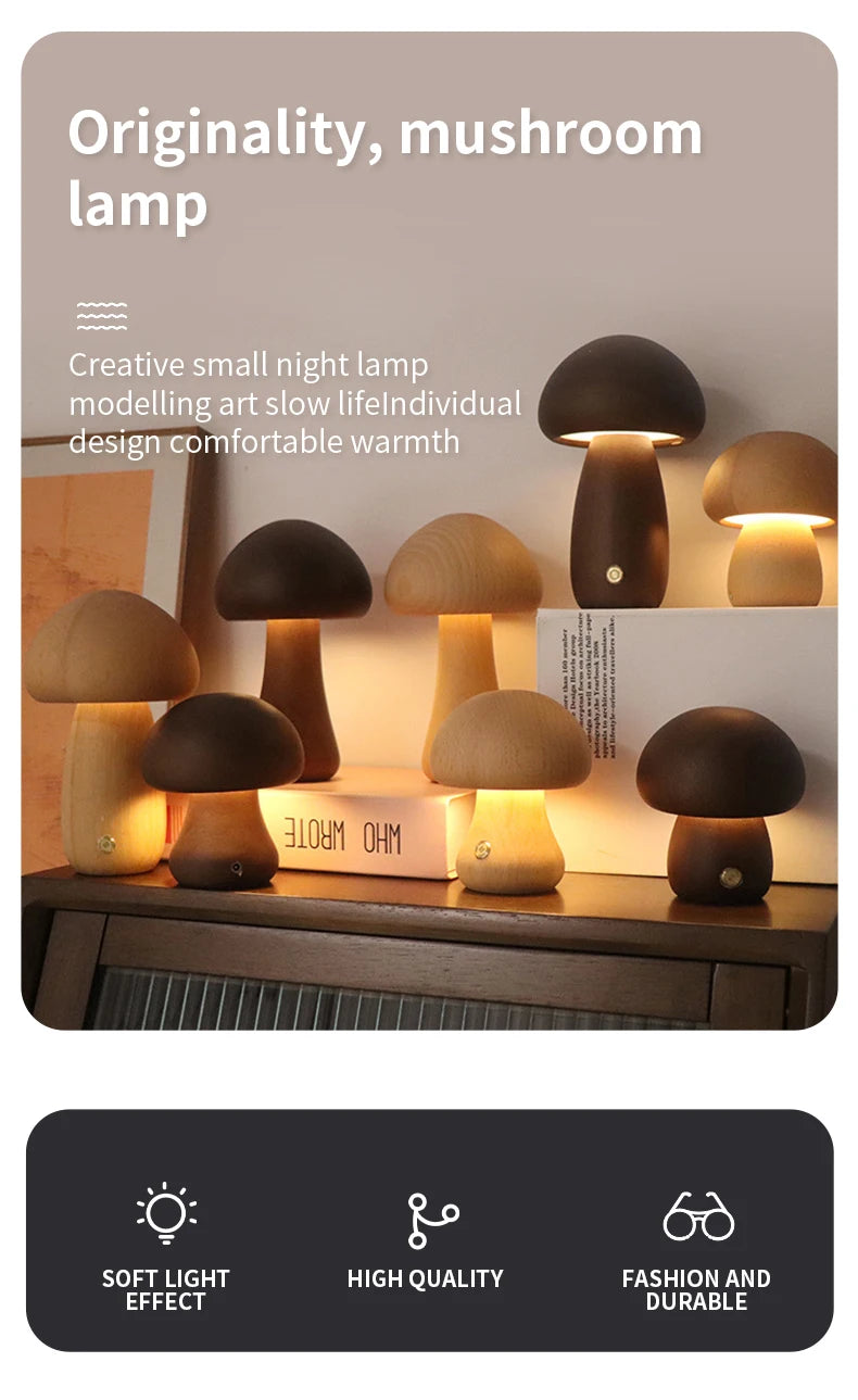 INS LED Night Light With Touch Switch Wooden Cute Mushroom Bedside Table Lamp For Bedroom Childrens Room Sleeping Night Lamps