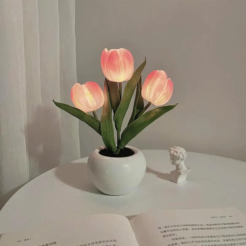 LED Tulip Night Light Can Be Plugged In Or On The Battery Bedroom Room Dormitory Bedside Ambient Light White / Pink Sleep Light