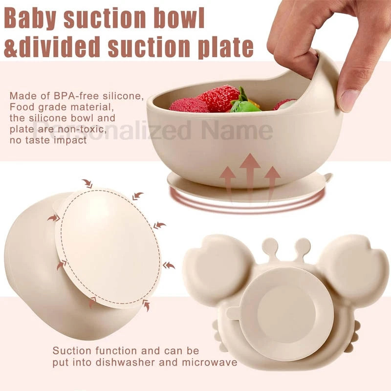 Baby Dinnerware Set 8 Pieces | Crab Plate, Bowl, Sippy Cup, and Cutlery | BPA-Free