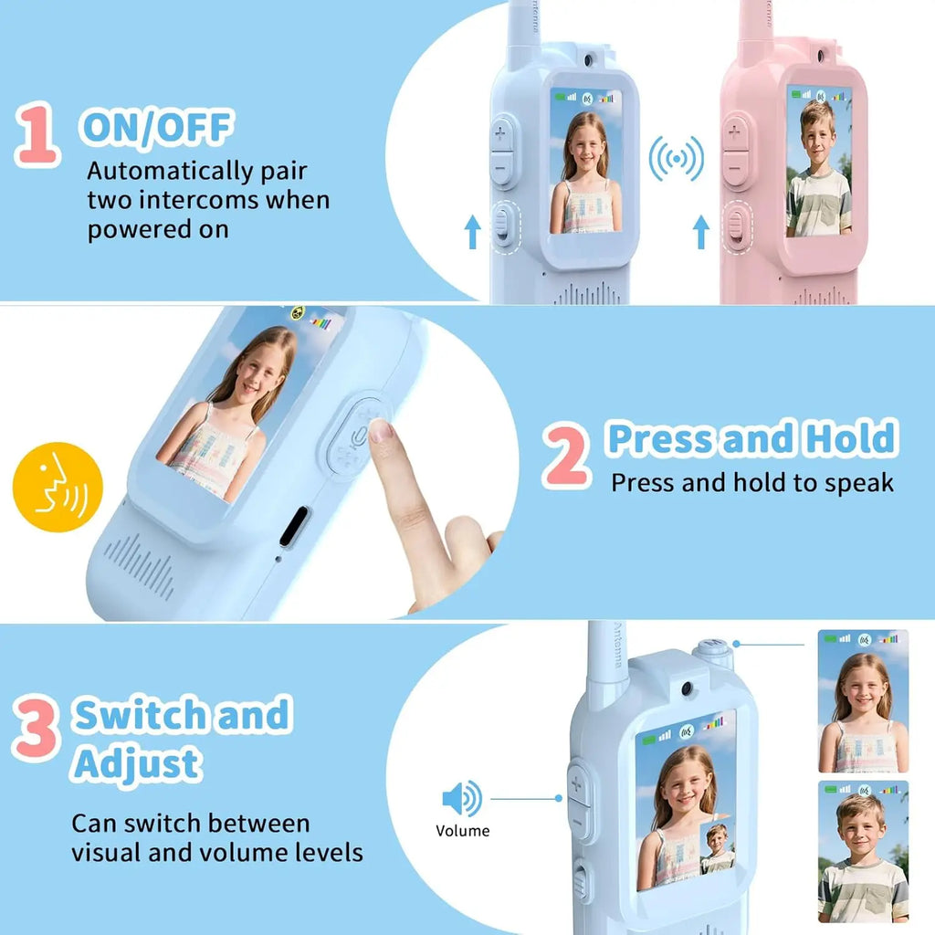 Kids Video Walkie Talkies 2 Pack, Rechargeable Intercom Walkie-talkie with Cute 2-Inch Screen, One-Click Call, Child Video Intercom